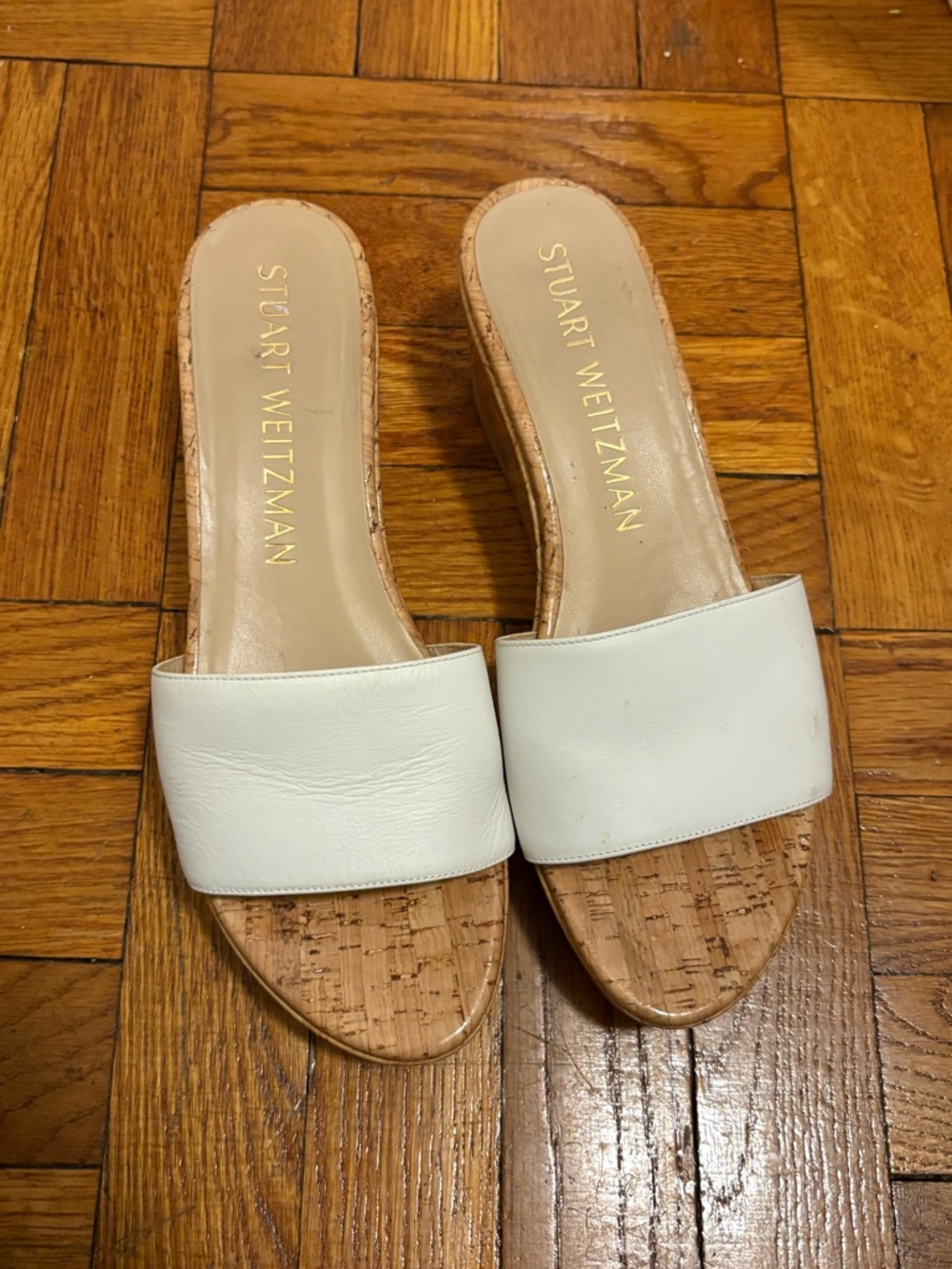Stuart Weitzman White Leather Cork Slide Mules
